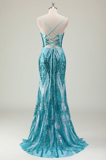 Vestido de fiesta largo con tirantes de espagueti azul sirena brillante con lentejuelas